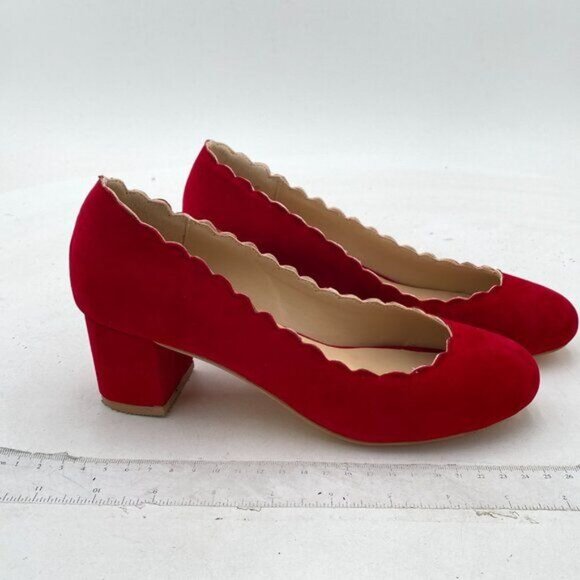 FSJ Red Suede Retro Classic Block Heels Closed Toe Formal Office Shoes - Picture 3 of 7